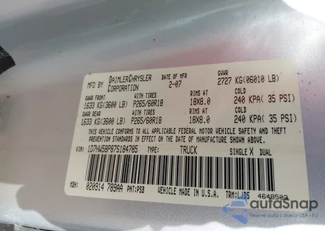 2007 Dodge Dakota Laramie z USA, uszkodzony, nr VIN 1D7HW58P87S184785